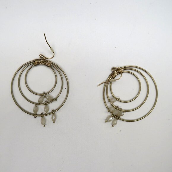Hoop Earrings Gold Tone Triple Wire Dangle White Beads Accents - Picture 5 of 7